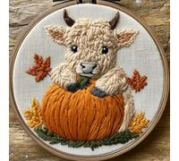 Punch Needle Kit for Beginners, Highland Cattle Lying on a Pumpkin, Punch Stitching Kit for Adults, Needle Punch Kits for Adults, DIY Embroidery Set for Fall Crafts & Home Décor