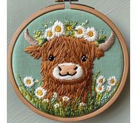 Punch Needle Kit for Beginners, Punch Stitching Kit for Adults, Needle Punch Kits for Adults, Highland Cattle Wearing a Wreath Among Flowers, DIY Embroidery Set for Art Crafts