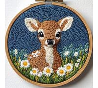 Punch Needle Kit for Beginners, Punch Stitching Kit for Adults, Needle Punch Kits for Adults, Little Sika Deer and Daisy Flowers DIY Embroidery Set for Crafting and Decorations