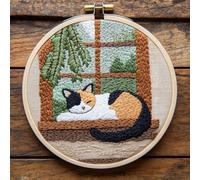 Punch Needle kit for Beginners with Sleeping Tabby cat on The windowsill Design, Needle Punch Kits for Adults - Fun Embroidery Craft kit