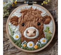 Punch Needle Kits Cute Brown Highland Cow with Daisy Flowers Easy for Beginners DIY Punch Needle Yarn Starter Embroidery Set for Craft Lovers with Printed Pattern Hoop for Home Decor 20x20cm(3)