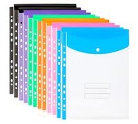 Punched Pockets 12 Pack A4 Plastic Wallets - 11 Holes Expandable Binder Pocket for 2/3/4 Ring Binder, Heavy Duty Plastic Envelope File Folders with Snap Button and Label Pocket for School Home Office