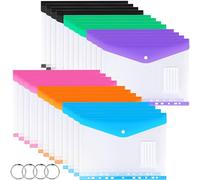 Punched Pockets A4 Plastic Wallets 24 Pack A4 Folders Wallets Plastic Document Files Popper Wallet with Pocket, Tab Card and 3-Ring Binders for School, Office, Home and Travel (6 Neon Colors)