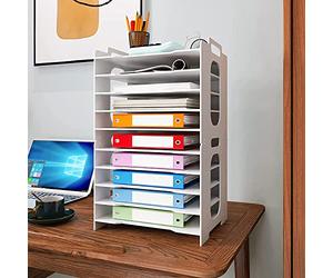 PUNCIA 10 Tiers Paper Tray A4 Desk Tidy Organizer Desktop White Filing Holder Office Mail Letter Sorter Document Notebooks Storage Rack for Home Office School Classroom