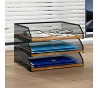 PUNCIA 3 Tiers Stackable Paper Tray for Desk Organiser, Metal Mesh Filing Rack with Wooden Board Letter Holder Post Sorter Document Shelf Stationery Stand for Home Office Study Classroom Retro