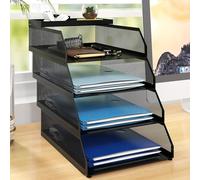 PUNCIA 4 Tiers Office Filing Trays for Desk Tidy Organiser Stackable Metal Mesh Paper Storage Letter Tray A4 Magazine File Holder Desk Tidy Document Notebooks Sorter Rack Home School Classroom Black