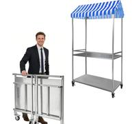 pundro Folding Camping Trolley with Wheels Modern Wheeled Shopping Trolley | A Two-Tier Structure with A Striped Canopy Suitable for All Kinds of Events And Outdoor Retail Solutions