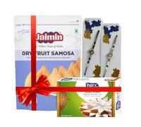 Pundveg Rakhi Gift Hamper -Dairy Valley Kaju Katli, Jaimin Dry Fruit Samosa & 2 Designer Rakhis | Raksha Bandhan Combo Pack (Gift Pack - Dairy Valley Kaju Katli, Jaimin samosas, 2 Rakhi)