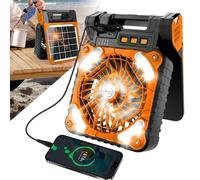 PUNELE Camping Fan, Rechargeable Solar Fan with Type C Charging, Brushless Motor, 4 Speeds, LED Light, Power Bank, for Fishing, Hiking, Solar Powered Fan (Orange)