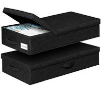 Punemi Underbed Storage Containers With Lids, Set of 2 Low Profile Under Crib Storage Bins W/ 3 Handles, Large Sturdy Under Bed Clothes Drawer Organizers Box for Dorm Room Couch Closet Basement, Black