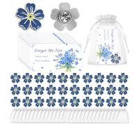 Puniama Forget Me Not Memorial Pins - 30pcs Funeral Favours Set with Blue Flower Lapel Brooches, Remembrance Cards & Organza Bags - Memorial Gifts for Guests & Funeral Decorations