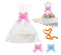 Puniama Gift Basket Hamper Kit - Empty Cotton Rope Basket for Gifts with Cellophane Bags & Pull Bows, Baby Gift Basket for Baby Shower, Wedding, Birthday, Baby Hamper Basket, White (33x24x15cm)