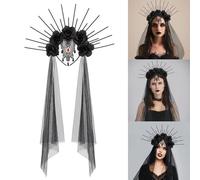 Punk Bride Costume Headband With Mesh And Rhinestones Lace Flower Crowns For Halloween Cosplay Party Festivals Cosplay Costume HairHoop