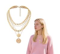 Punk Chunky Chain Necklace, Layered Cuban Link Chain Multilayer Carved Coin Round Hip Hop Pendant, Thick Choker Jewelry for Women (Gold)