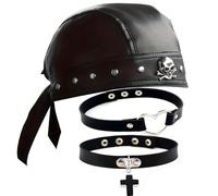 Punk Doo Rags - Leather Skull Cap Biker Bandana, Black Studded Do Rag with Punk Design with 2 Necklaces