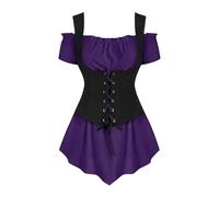 Punk Gothic Women's Costume Set, Elegant Two Piece Outfit for Cosplay, Festivals, Seasonal Events, Off-the-Shoulder Blouse with Laced Vest (Purple, M)