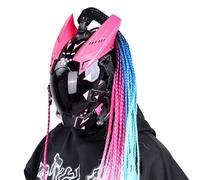 Punk Helmet Mask LED Round Light with Braids,Futuristic Techwear Sci Fi Gothic Mask Halloween Cosplay Costume Accessory