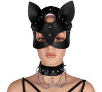 Punk PU Leather Cat Mask Choker Set Women Steampunk Goth Spiked Choker Fox Half Face Eyemask Halloween Raves Night Club Mardi Gras Masquerade Costume Mask Studded Chain Collar Necklace Jewelry