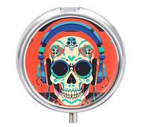 Punk Rock Earphones Skull Pill Box 3 Compartment Decorative Metal Medicine Vitamin Organizer Personalized Medicine Organizer Travel Pillbox for Outdoor