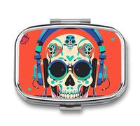 Punk Rock Earphones Skull Pill Case with 2 Compartment, Pill Organizer Portable Square Pill Box,Vitamin Pill Organizer for Pocket Purse and Travel