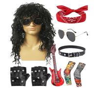 Punk Rocker Costume,Metal Disco Cosplay Clothes - Punk Style Outfit with Sunglasses Wig for Outdoor Party Beach Holiday Musical Festival Stage Performance Halloween Events