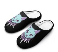 Punk Scar Cat Slippers Women Winter Warm Cotton Hotel Slippers Anti-Slip Indoor Slip-Ons House Shoes 11-12（42-43）