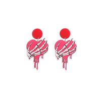 Punk Skeleton Hand Holding Heart Dangling Pink Acrylic Earrings for Women Teen Coin Stud Hip Hop Goth Scary Skull Love Dangle Drop Lightweight Halloween Party Holiday Fashion Costume Jewelry Gift