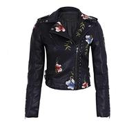 Punk Style Faux Soft Leather Jacket Women Embroidery Floral Faux Leather Jacket Pu Motorcycle Epaulet Zipper Outerwear