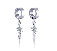 Punk Sword Dangle Drop Cuff Earrings for Men Women Fake Pierced Religious No Piercing Clip On Cartilage Hypoallergenic Stainless Steel Hanging Cool Jewelry Birthday Bff (Silver)