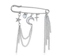 Punk Tassel Brooch Layered Chain Star Moon Cross Rhinestone Hanging Brooches Vintage Safety Pin Brooch, L, Crystal Rhinestone, no gemstone