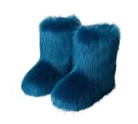 Punk Women Boots Winter Fluffy Plush Warm Mid Calf Snow Boots Luxury Fashion Boots Comfortable Outdoor Flat Shoes(Deep blue,7.5US)