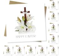 Punkcards - Share a Message of Hope and Renewal, Pack of 10 Religious Easter Cards with Cross & Lily Design