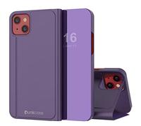 Punkcase for iPhone 13 Mini Reflector Case Protective Flip Cover W/Scratch Resistant Semi-Translucent Mirror Front & Non-Slip PU Leather Back for iPhone 13 Mini (5.4") (2021) (Purple)
