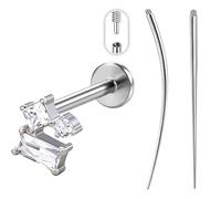 PunkTracker 1PC Titanium Flat Back Labret Stud, Internally Threaded Nsoe Stud Piercing Jewelry with Taper Tool, 16G 8mm 10mm Cartilage Earring for Lip Ring Helix Tragus Conch for Women Men, 6mm bar,CZ