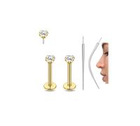 PunkTracker 20G 18G 16G Gold Flat Back Earrings Stud G23 Titanium Threadless Tragus Helix Cartilage Lip Medusa Piercing Jewelry Hypoallergenic Nose Stud 4Pcs, 7mm bar,3mm gem, Titanium, cubic zirconia