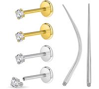 PunkTracker 6PCS 16g/18g Gold Silver Surgical Steel Internal Thread CZ Stud Piercing Jewelry for Tragus/Nose/Helix/Conch/Medusa/Lip/Labret - Helix Tragus Cartilage Earring for Women Men, 10mm bar, 3mm