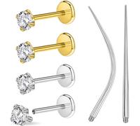 PunkTracker 6PCS 16g/18g Gold Silver Surgical Steel Internal Thread CZ Stud Piercing Jewelry for Tragus/Nose/Helix/Conch/Medusa/Lip/Labret - Helix Tragus Cartilage Earring for Women Men, 8mm bar, 4mm