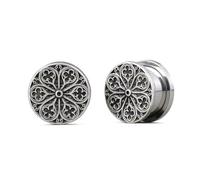 PUNKYOUTH 1 Pair Cathedral Rose & Petal Ear Tunnels - Gothic Screw Back Plugs & Double Flare Gauges, Alternative Stretched Ears Jewelry, Saddle Stretching Plugs for Women Men 0g-1 Inch, 19mm (3/4 in