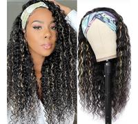 Punmasa Headband Wig Curly 1B/27 Deep Wave 18 Inch Human Hair Headband Wigs for Women Glueless No Lace Front Machine Made 150% Density Headband Wig