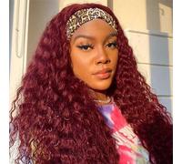 Punmasa Headband Wig Human Hair Deep Wave 99J Human Hair Headband Wigs for Women Glueless No Lace Front Machine Made 150% Density Headband Wig Human Hair with