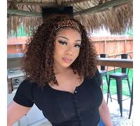 Punmasa Headband Wig Human Hair Deep Wave Chocolate Brown Headband Wig for Black Women Glueless Wig Human Hair Machine Made 150% Density Headband Wig