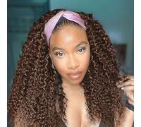 Punmasa Headband Wig Human Hair Deep Wave Chocolate Brown Headband Wigs for black women Glueless Wigs Human Hair Machine Made 150% Density headband wig human hair with Headbands (18Inch)