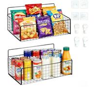 Punorric 2 Pack Snack Storage, Black Metal Wall Storage Baskets with 8 Hooks, No-Drill Snack Organiser for Snacks Cans Bars Chips Candy, Hanging Storage Baskets for Office Pantry Home
