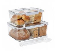 Punorric Bread Bin, 2 Pack Airtight Clear Bread Storage Container with Lid and Tongs, Plastic Time Recording Kitchen Storage box, Stackable Food Containers for Homemade Toast, Bagels and Cookies