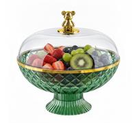 Punorric Fruit Bowl with Lid, Clear Fruit Basket with Removable Drain Tray for Countertop, Large Capacity Round Decorative Bowl for Party Wedding Displaying Vegetable Dessert(Green Base)