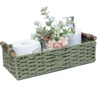 Punorric Green Toilet Paper Basket, Wicker Bathroom Storage Basket with Handle, Large Capacity Toilet Roll Storage Tray for Space Saving, Multi-Functional Bathroom Decor