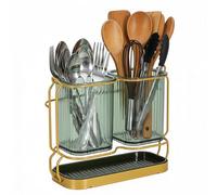 Punorric Kitchen Utensils Holder, 2 Compartments Clear Cutlery Drainer for Sink, Quick Drying Plastic Utensil Drainer with Drain Tray, Wall Mount Cutlery Holder for Silverware, Forks - Green