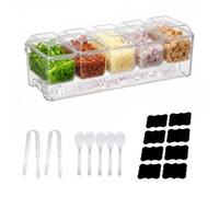 Punorric Pizza Topping Station with 5 Containers (19 Oz), Detachable Clear Condiment Caddy with Lid & Tongs & Forks, Reusable Plastic Spice Containers for Restaurant, Condiment Holder for Salad Bar