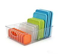 Punorric Plastic Lid Organiser Pan Lid Holder With 4 Adjustable Dividers, Plate Organiser for Kitchen Cupboard and Drawer, Kitchen Storage & Organisation for Lids, Sheets, Cutting Board(Clear)