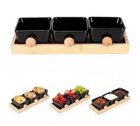 Punorric Snack Bowls & Wooden Serving Tray Set - Black Ceramic Tapas Dishes with Dipping Bowls, Party Serving Trays and Platters, Food Serving Trays for Home Dining Baking Catering Gift